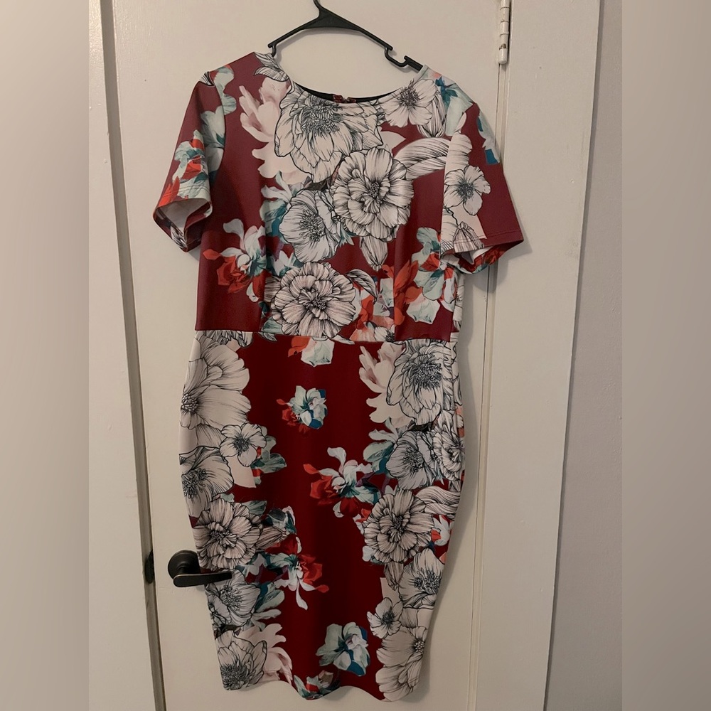 Deep red floral print dress